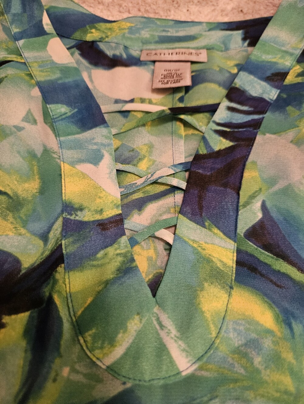 Catherines Green Blue Yellow Floral Lace-Up Tunic Top